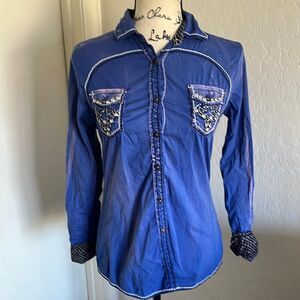 Roar Ari ll Blue With Pink Hues Distressed Embroidered Embellished Shirt Rodeo